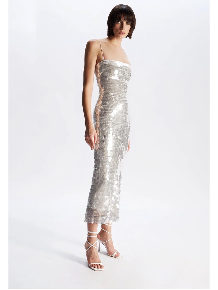 Silver Sequin Spaghetti-Strap Midi Dress